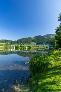 Slovakya 'nın Strecno kentindeki güneşli yaz gününde Vah Nehri üzerindeki yeşil köprü suya yansıyor.