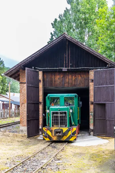 Macaristan, Palhaza 'da ahşap depodan çıkan yeşil dar gösterge demiryolu motoru