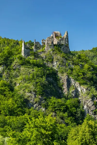 Lietava Kalesi kalıntıları, açık mavi gökyüzünün altında yemyeşil ormanlarla çevrili Slovakya 'nın Zilina Bölgesi' ndeki bir tepenin üzerinde tünemiştir.