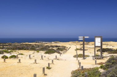 Zambujeira do Mar, Odemira, Portekiz 'deki Atlantik Okyanusu üzerinde bir izleme platformuna giden yol.