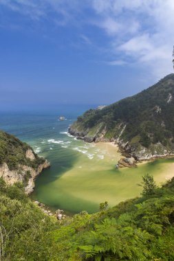 Pesues, Cantabria, İspanya yakınlarında Playa del Sable ile tipik manzara