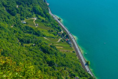 Entrelacs, Savoie, Auvergne Rhone Alpes, Fransa kıyılarındaki Lac du Bourget, üzüm bağlarının ve yolun nefes kesici hava manzarası.