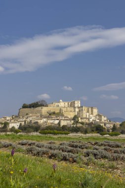 Grignan Kalesi köye ve lavanta tarlalarına bakan bir tepeye tünemişti. Fransa 'nın Drome şehrinde çok güzel bir manzara.