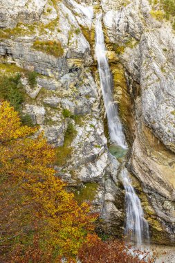 Slovenya 'nın Bovec kentindeki renkli sonbahar yaprakları arasında Virje Şelalesi' nin dik kayalıklardan aşağı akışının manzarası
