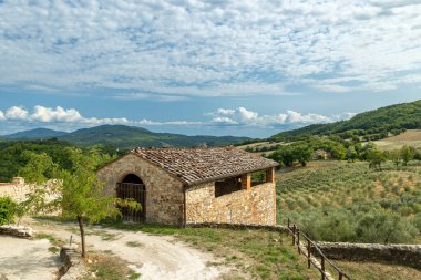 Zeytin ağaçlarına ve yeşil Toskana manzarasına bakan tepede duran taş bina.
