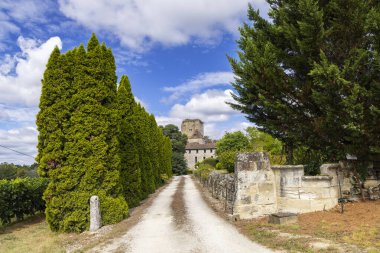 Daignac, Gironde, Fransa 'da Chateau de Curton' a giden kırsal yol, mavi bir gökyüzünün altında.