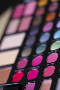 Renkli ruj, göz farı ve allık aralığı gösteren makyaj paleti