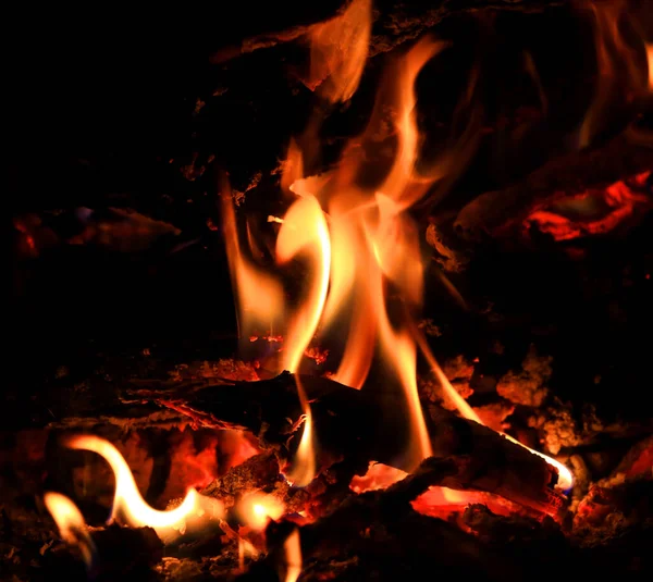 View Flames Burning Wood Dakrness — Stock Photo, Image