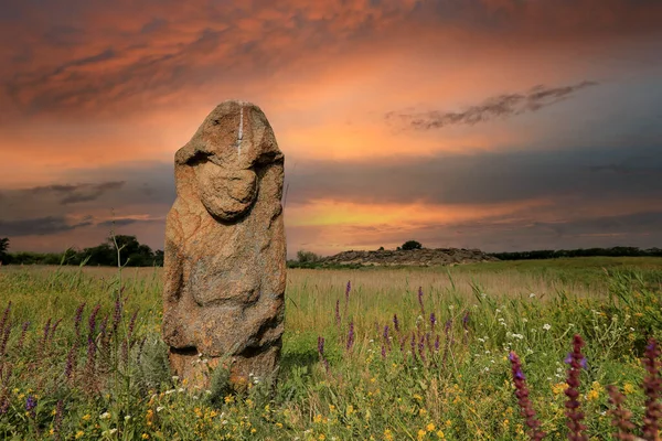 Каменный Идол Летней Степи Украины Красном Фоне Неба — стоковое фото