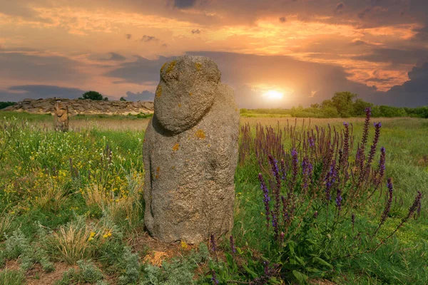Yazın Ukrayna Bozkırda Antik Taş Heykeliyle Manzara — Stok fotoğraf
