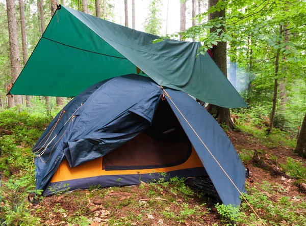 Tenda Turistica Sotto Una Tenda Sole Una Foresta Verde Prendere — Foto Stock
