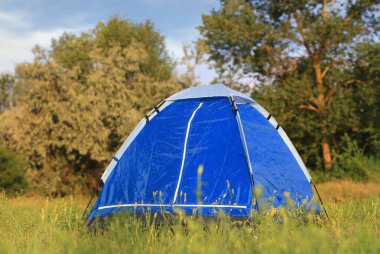 Yeşil çayır üzerinde yaz bozkırında mavi turist çadırı