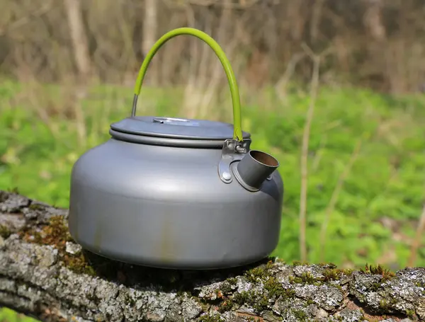 Güneşli ormanda yaşlı turist çaydanlığı.