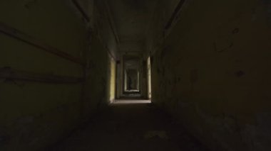 Issız bir binanın içindeki uzun ve karanlık koridorun perspektifi ve sonunda kişinin gölgesi olan statik çekim.