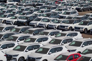 Eilat, İsrail - 25 Kasım 2022: İsrail 'de satılmak üzere asfalt yolda park etmiş birçok modern beyaz arabanın yüksek açısı