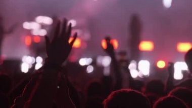 Taraftarların dans ettiği ve neon sahnede konser veren müzik grubunun eğlendiği el kamerasıyla çekilen bir sahne.