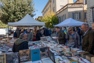 Arezzo, İtalya - 2 Kasım 2024: Ziyaretçiler, Arezzo tarihi merkezindeki aylık pazarda, sokak ve meydanlar boyunca satıcıların sergilediği eşyaları araştırarak antikalara göz atıyor