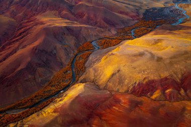 Hareketli kırmızı ve turuncu engebeli bir vadinin havadan perspektifi, kıvrımlı bir nehir, çarpıcı erozyon desenleri ve görkemli Altai Dağları manzarasını geliştiriyor..