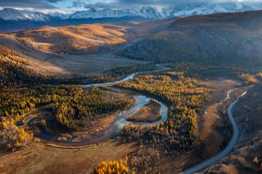 Kıvrımlı nehri, sonbahar ormanları ve uzak sıradağları olan Altai Vadisi 'nin havadan görünüşü.