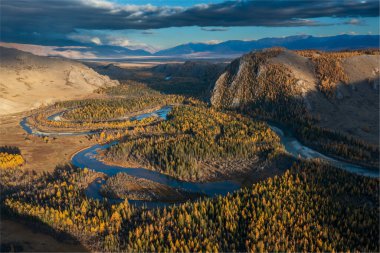 Güzel sonbahar havasında dağlardaki renkli bir sonbahar ormanından akan nehrin havadan panoramik görüntüsü..