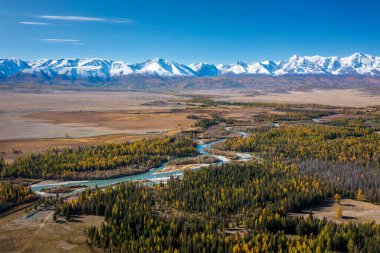 Ufukta karlı dağlarla kaplı orman ve vadi boyunca kıvrımlı nehrin manzarası, canlı sonbahar renkleri, barışçıl doğa, vahşi doğa