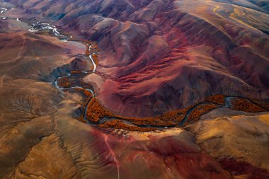 Aerial view of red and orange mountain valley in Altai Mountains with winding river, showcasing unique erosion patterns and vibrant colors, creating a surreal Mars-like landscape, perfect for travel  clipart