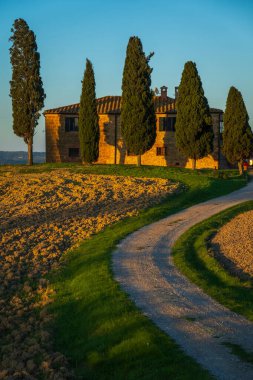 Uzun selvi ağaçları ve kırsal manzaralarla çevrili taştan bir çiftlik evinin yer aldığı ideal kırsal alan.
