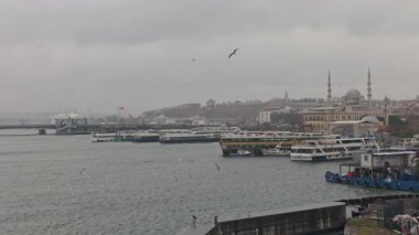 Geleneksel teknelerin, camilerin ve bulutlu gökyüzünün yer aldığı İstanbul kıyısı. Yakalama kültür, mimari ve liman aktivitelerini temsil ediyor. Uçan kuşlar canlı sahneyi canlandırıyor.