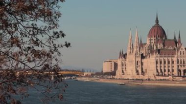 Budapeşte 'de Tuna Nehri' nin yanındaki sonbahar ağaçlı Macar Parlamento Binası manzarası.