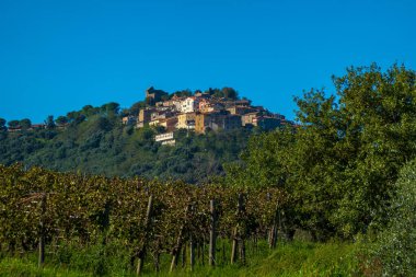 Büyüleyici bir tepe köyü, yeşeren üzüm bağları, canlı yeşillikler ve açık mavi gökyüzü. Doğa, seyahat ve kırsal konular için ideal.
