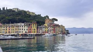Portofino, İtalya - 10 Kasım 2024: Portofino manzarası, canlı binalar, yeşil tepeler ve sakin sularda tekneleri olan liman.
