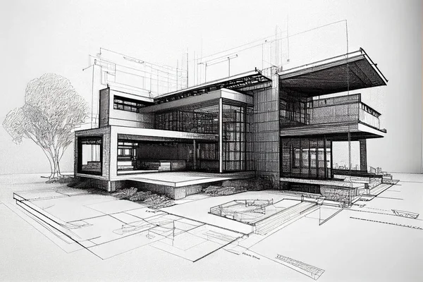 Draft of architectural design, hand drawing sketch.