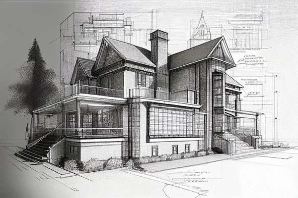 Draft of architectural design, hand drawing sketch.