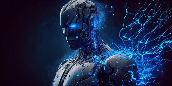 AI robot, artifitial inteligence concept.Blue lights.