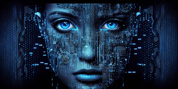 AI robot, artifitial inteligence concept.Blue lights.