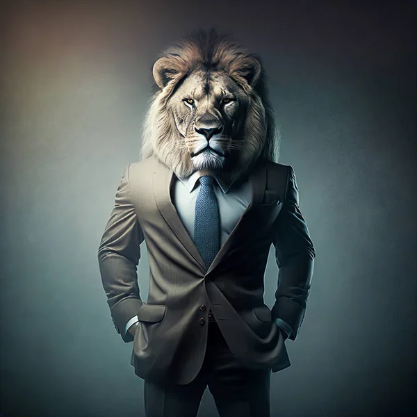 経営者又は営業スーツを着たライオンの頭を有する者となることができる者 ロイヤリティフリーのストック画像