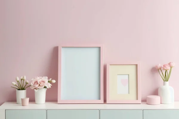 Stock image mockup of two picture frames with plants on the side and bright pink colored background