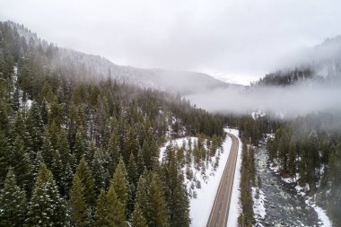 Vadide sisli bir nehrin yanındaki yolda giden arabalar.