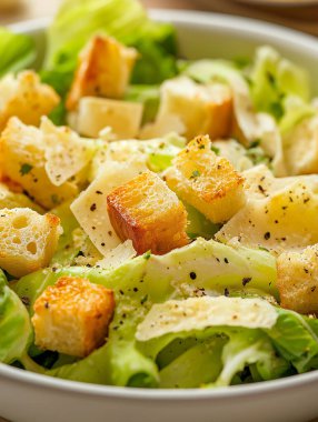 Sezar salatası hazır ve yenmeye hazır.