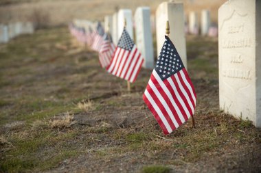 Amerikan bayrakları askeri mezarlıktaki mezarları dolduruyor, gazilerin kurban edilişine saygı ve anma simgesi olarak. Cesaretin ve hizmetinin göstergesi olarak..