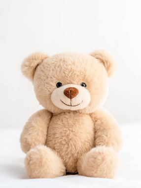 Bir oyuncak ayı beyaz bir yatakta oturuyor. Gülümsüyor ve kameraya bakıyor.