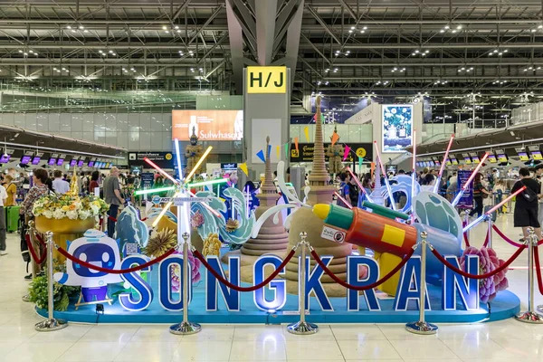 stock image Bangkok, Thailand - April 10, 2023: Interior decoration that represents various aspects of Thai culture is displayed at Suvarnabhumi Airport during the Songkran festival, which is the Thai New Year.