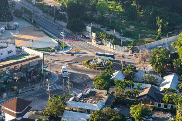 stock image Chonburi, Thailand - 26 Oct. 2023; Morning aerial photography of Dolphin Circle, one of the outstanding symbols of Pattaya city. Located at the intersection of Sukhumvit Road and Central Pattaya Road.