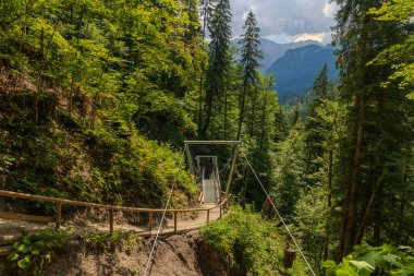 Partnachklamm, Garmisch-Partenkirchen, Bavyera yakınlarındaki bir orman yürüyüş yolunda modern bir asma köprü. Etrafı bereketli dağlık ağaçlarla çevrili ve dramatik bir yaz gökyüzü altında dağ manzaralı..