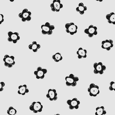 Siyah ve beyaz çiçekli kusursuz desen. Yaz baskısı. Çiçek arkaplan. Kumaş tasarımı, duvar kağıdı. Saf sanat, çocukların çizimi, basit monokrom çizimi.