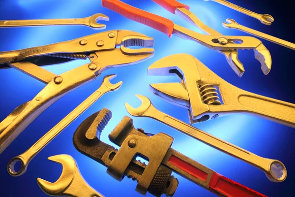 Handwerkzeuge Auf Blauem Hintergrund — Stockfoto