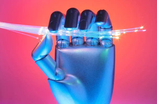 Ręka Palce Model Uchwyt Zapięcie Manipulacja Kontrola Światłowody Włókna Włókna — Zdjęcie stockowe