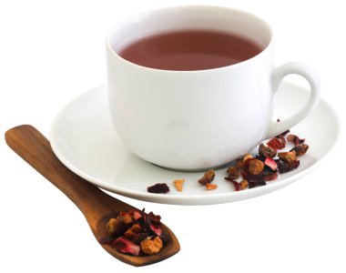 Roselle 'in bitkisel çayı, bir fincanda gül kalçası ve elma