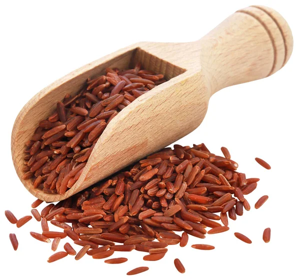Červená Jasmínová Rýže Dřevěné Lopatce — Stock fotografie