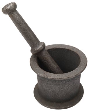 Iron made mortar and pestle closeup and isolated clipart